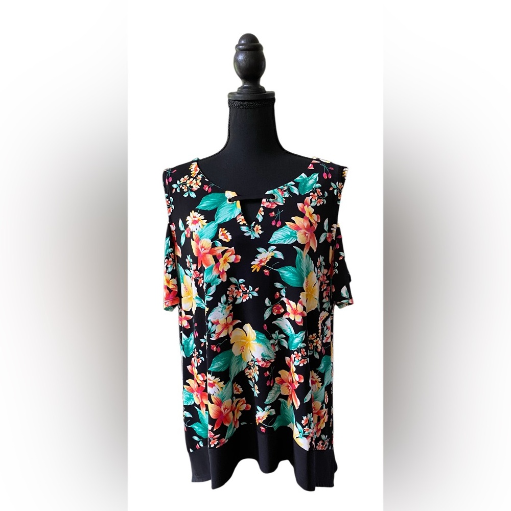 Rafaella: Tropical Black and Colorful Cold Shoulder Tunic Blouse